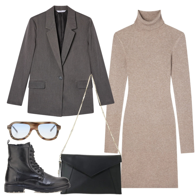 Outfit donna - Insolita. Stile Casual chic per Scuola/Università. Abbinamento con blazer, vestiti corti, borse a tracolla, occhiali da sole, anfibi.