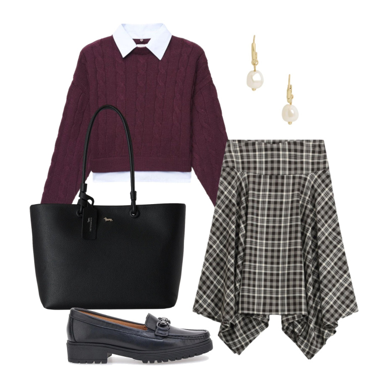 Outfit donna - Ottobre. Stile Preppy per Tutti i giorni. Abbinamento con shopping bag, orecchini, gonne longuette, maglieria, mocassini.