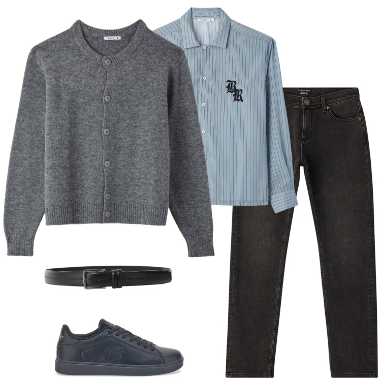 Outfit uomo - Col cardigan. Stile Trendy per Ufficio. Abbinamento con cinture, cardigans, jeans, camicie, sneakers.