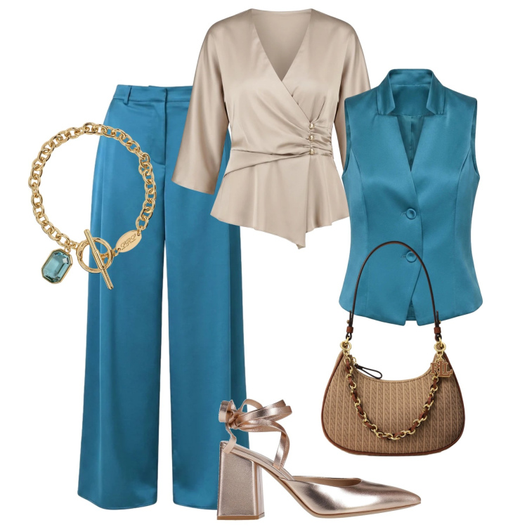 Outfit donna - Aperitivo ottanio in galleria. Stile Chic per Serata fuori. Abbinamento con braccialetti, borse a spalla, gilet, pantaloni a palazzo, bluse, décolleté.