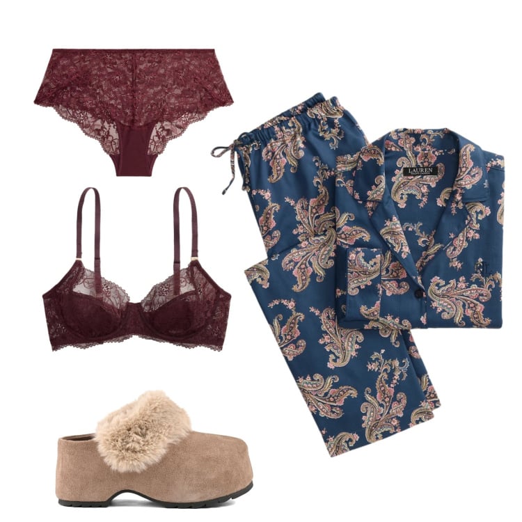 Outfit donna - Buonanotte. Stile Casual per Tutti i giorni. Abbinamento con pigiama, reggiseni, culotte, zoccoli.