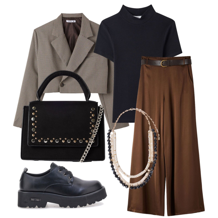 Outfit donna - Ottobre. Stile Preppy per Tutti i giorni. Abbinamento con collane, pantaloni, borse a tracolla, blazer, t-shirt, francesine.