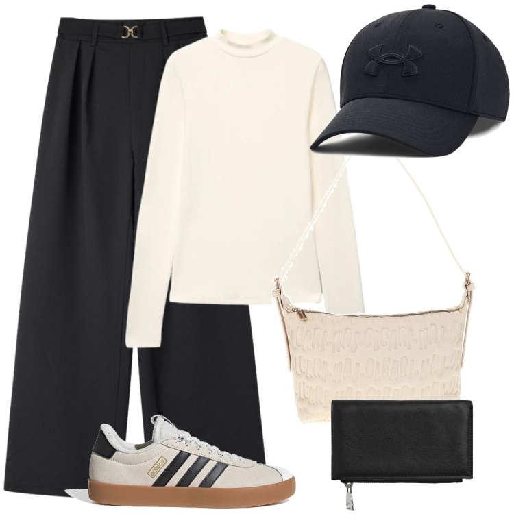 Outfit donna - Università. Stile Basic per Scuola/Università. Abbinamento con pantaloni, t-shirt, portafogli, sneakers, borse a spalla, cappelli con visiera.
