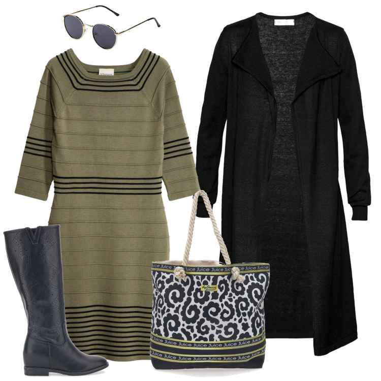 Outfit donna - Minimal per le commissioni giornaliere. Stile Basic per Tutti i giorni. Abbinamento con cardigans, occhiali da sole, vestiti, stivali, borse a tracolla.