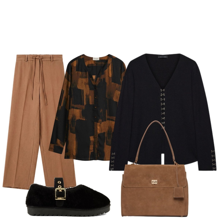 Outfit donna - Terracotta e nero: c’est chic!. Stile Casual chic per Tutti i giorni. Abbinamento con camicie, pantaloni a palazzo, cardigans, borse a mano, ballerine.