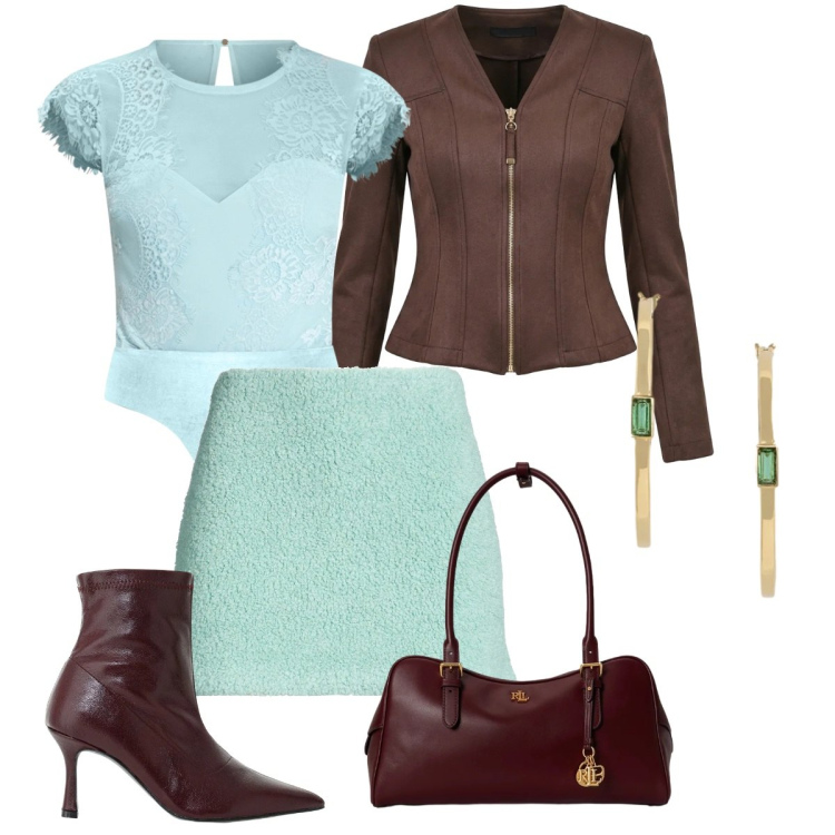 Outfit donna - Cena con lui. Stile Basic per Serata fuori. Abbinamento con stivaletti, orecchini, borse a mano, blazer, top, minigonne.