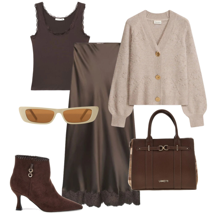 Outfit donna - Choco mix & match -@laurafo. Stile Casual chic per Tutti i giorni. Abbinamento con cardigans, gonne lunghe, canottiere, occhiali da sole, stivaletti, shopping bag.