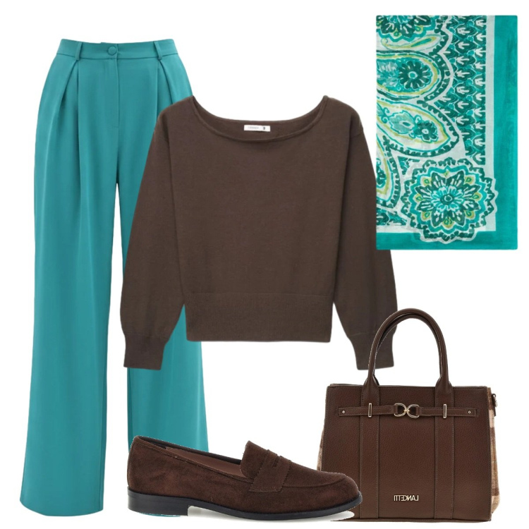 Outfit donna - Verde/Marrone. Stile Basic per Serata fuori. Abbinamento con maglieria, pantaloni a palazzo, foulard, mocassini, shopping bag.