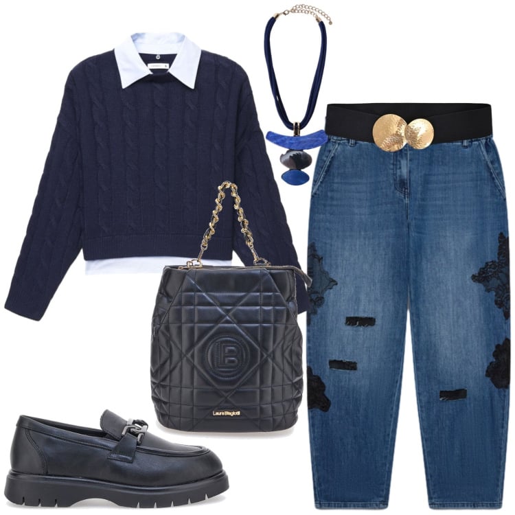 Outfit donna - Casual in ufficio. Stile Casual per Ufficio. Abbinamento con maglieria, cinture, ciondoli, jeans, mocassini, zaini.
