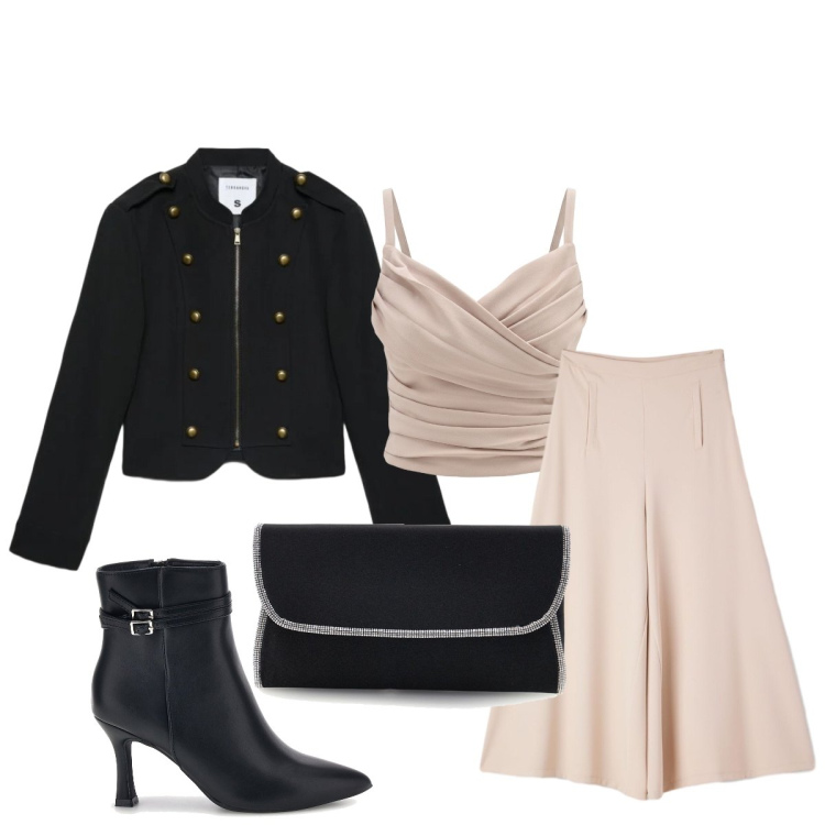 Outfit donna - Un’insolita serata tra amici. Stile Glamour per Serata fuori. Abbinamento con canottiere, pantaloni, blazer, pochette, stivaletti.