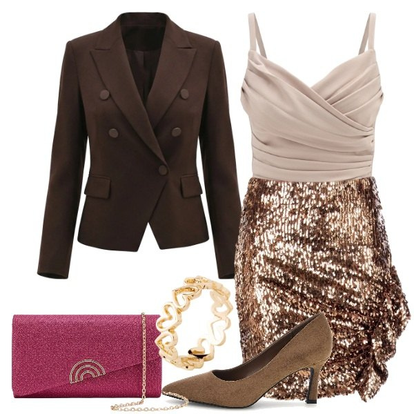 Outfit donna - Choco & Sparkle vs October Glamour. Stile Glamour per Cerimonia. look ideale per Petite. Abbinamento con canottiere, blazer, minigonne, anelli, pochette, décolleté.
