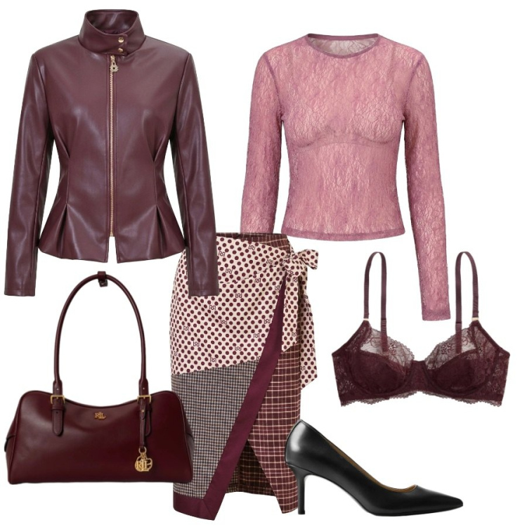 Outfit donna - Burgundy vibe: Trasparenze e Rigore. Stile Urban per Serata fuori. Abbinamento con reggiseni, décolleté, borse a mano, gonne longuette, giacche, top.