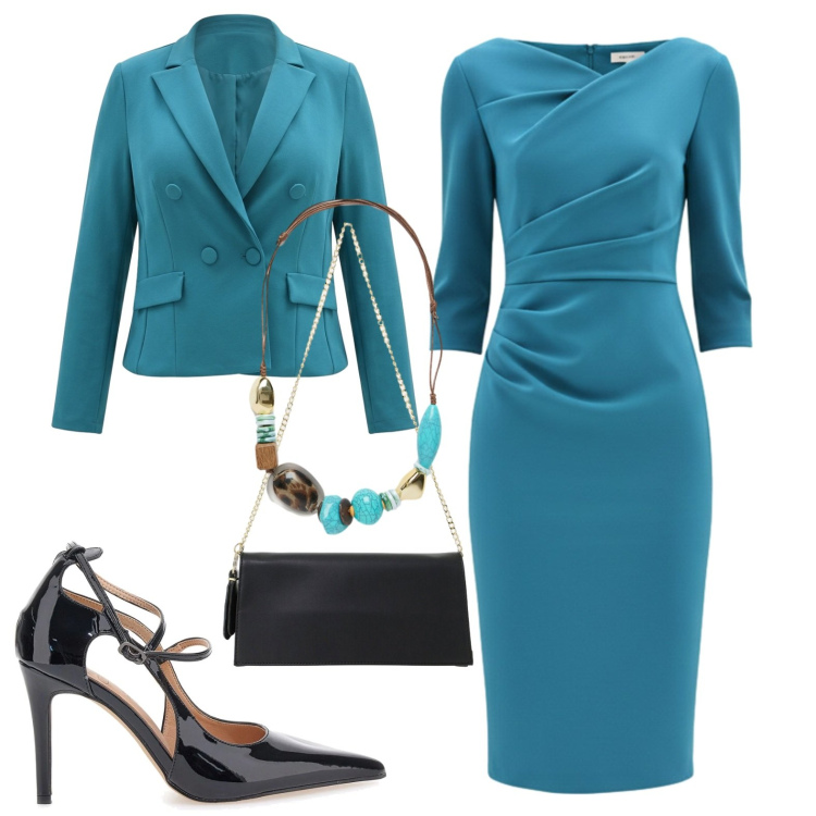 Outfit donna - Serata Chic. Stile Chic per Serata fuori. Abbinamento con collane, borse a tracolla, vestiti asimmetrici, blazer, décolleté.