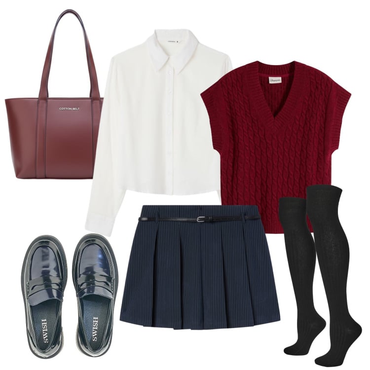 Outfit donna - Autunno preppy. Stile Preppy per Tutti i giorni. Abbinamento con maglieria, minigonne, calzini, camicie, mocassini, shopping bag.