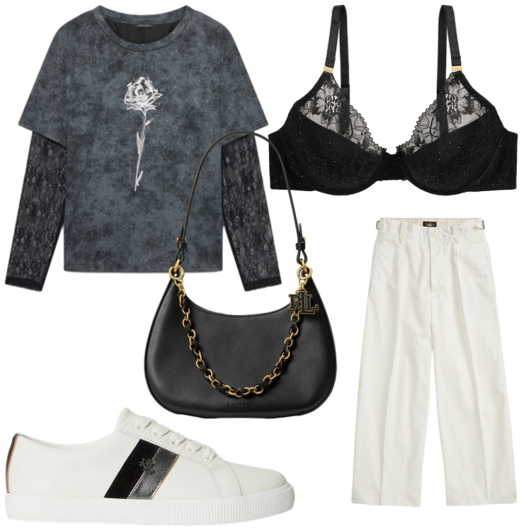 Outfit donna - Mix and match ad ottobre. Stile Casual per Tutti i giorni. Abbinamento con t-shirt, pantaloni, reggiseni, borse a spalla, sneakers.