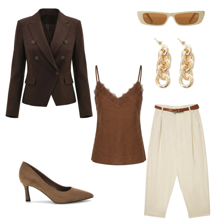Outfit donna - Un po' di pizzo per l'ufficio. Stile Casual chic per Ufficio. Abbinamento con occhiali da sole, blazer, orecchini, top, pantaloni chino, décolleté.