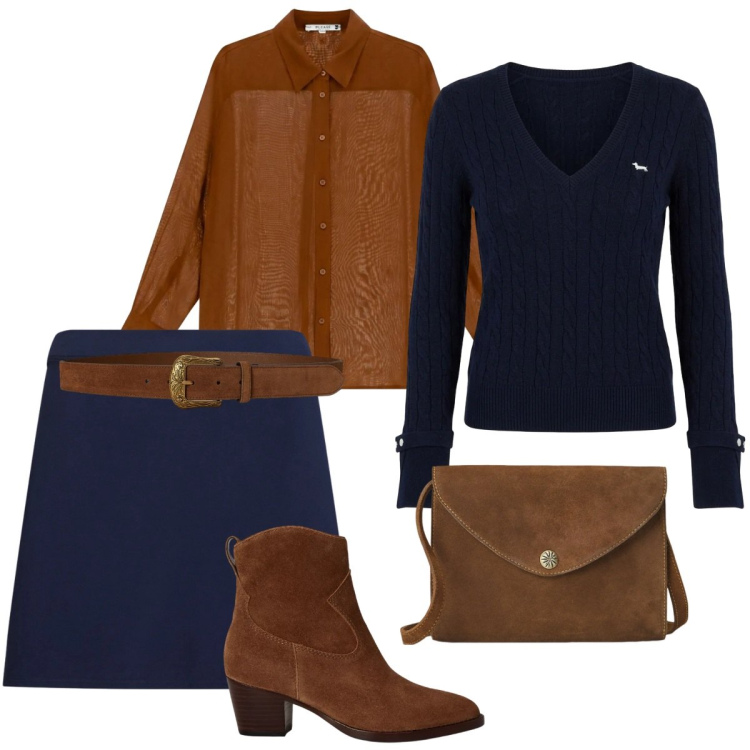 Outfit donna - Cena a casa di amici. Stile Basic per Serata fuori. Abbinamento con maglieria, borse a tracolla, minigonne, cinture, stivaletti, camicie.