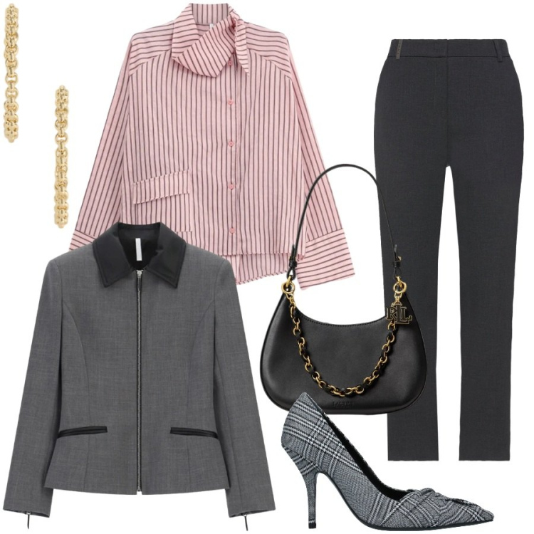 Outfit donna - Total look #2485448. Stile Chic per Ufficio. Abbinamento con décolleté, pantaloni, cappotti, camicie, borse a spalla, orecchini.