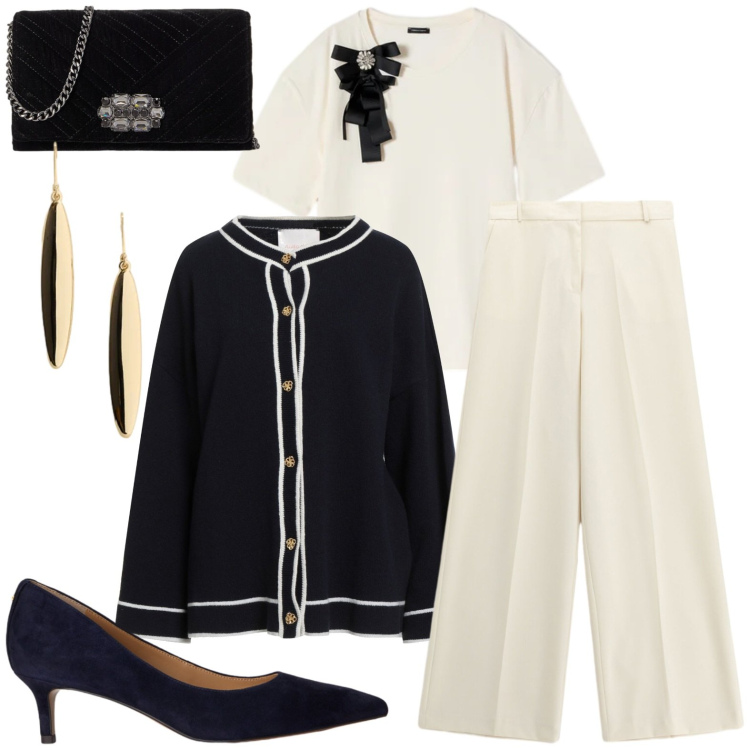 Outfit donna - Casual chic. Stile Casual chic per Tutti i giorni. Abbinamento con pantaloni a palazzo, t-shirt, orecchini, borse a tracolla, décolleté, cardigans.