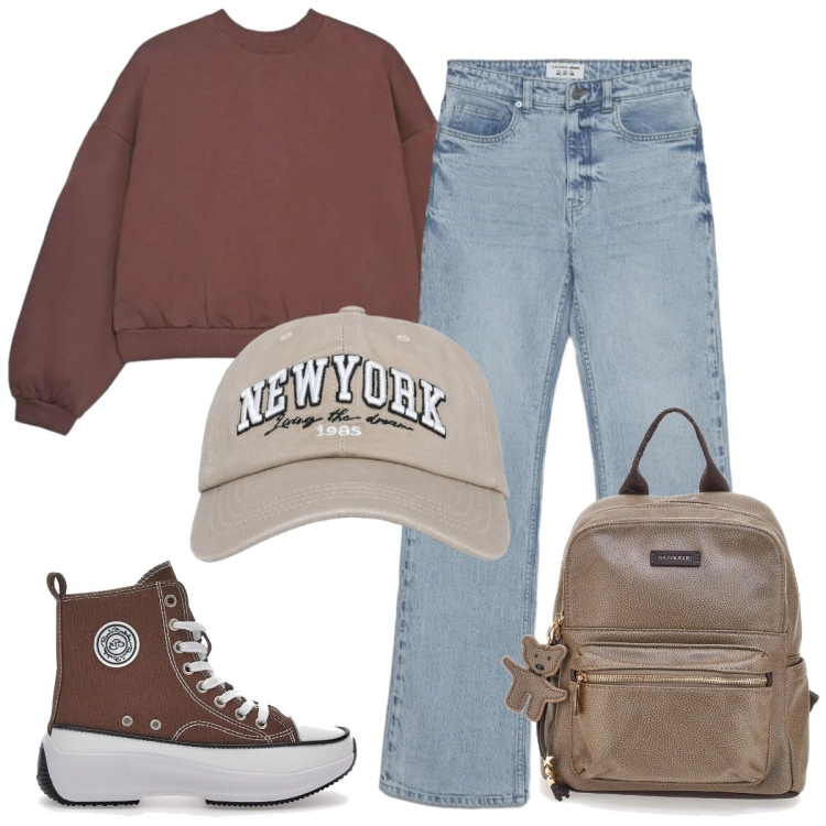 Outfit donna - Scuola/università. Stile Basic per Scuola/Università. Abbinamento con cappelli con visiera, jeans bootcut, felpe, sneakers alte, zaini.