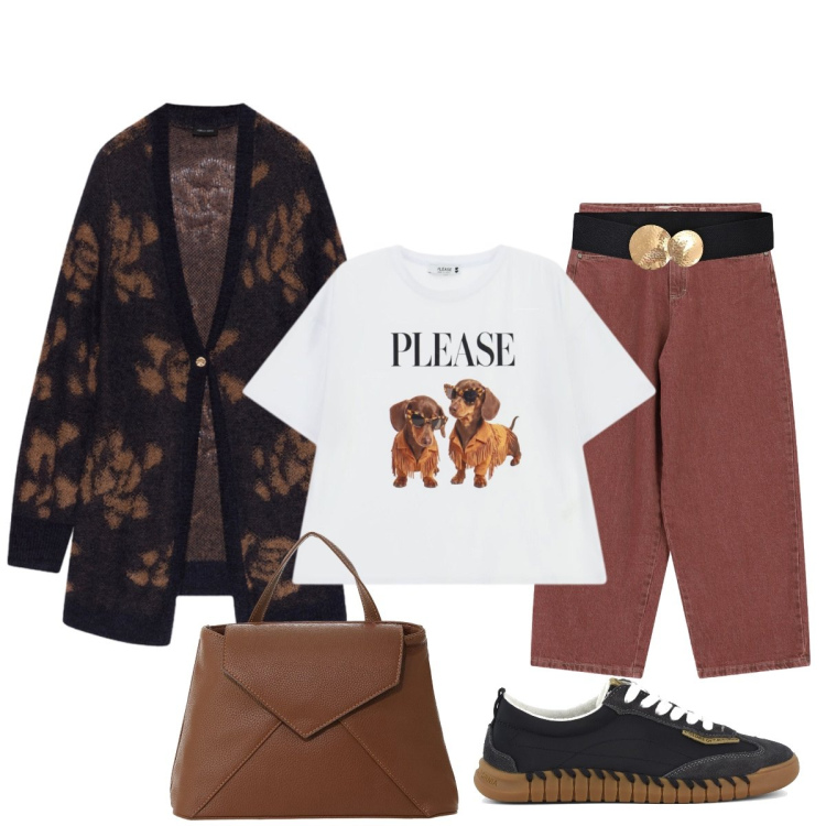 Outfit donna - Oggi giornata casualchic. Stile Casual chic per Tutti i giorni. Abbinamento con cinture, borse a mano, jeans, t-shirt, cardigans, sneakers.
