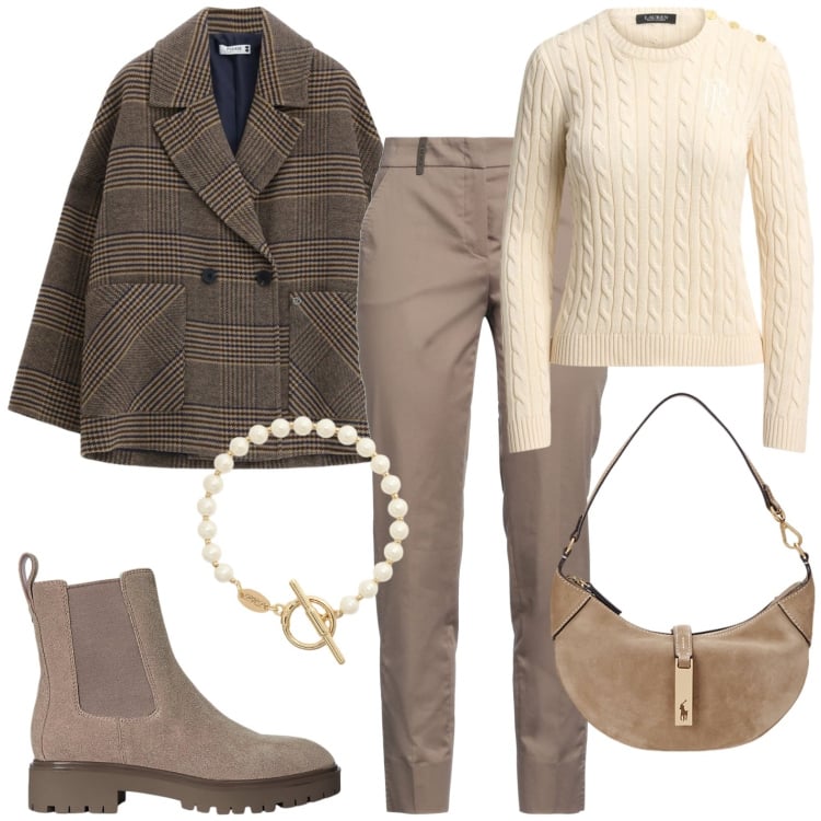 Outfit donna - Chic casual. Stile Casual chic per Tutti i giorni. Abbinamento con stivaletti, braccialetti, maglieria, borse a spalla, blazer, pantaloni.