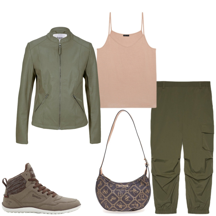 Outfit donna - Total look #2485454. Stile Casual per Tutti i giorni. Abbinamento con sneakers alte, blazer, pantaloni cargo, top, borse a tracolla.