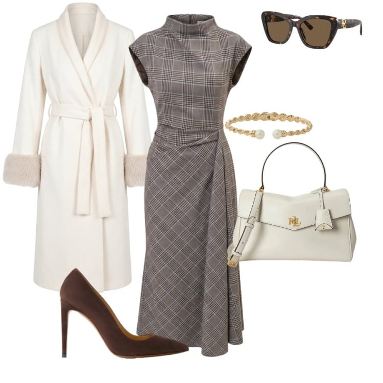 Outfit donna - Eleganza autunnale in Principe di Galles. Stile Glamour per Ufficio. Abbinamento con braccialetti, occhiali da sole, borse a mano, décolleté, vestiti asimmetrici, cappotti.