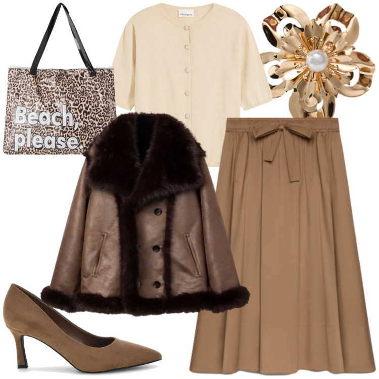 Outfit donna - Primi freddi. Stile Casual chic per Tutti i giorni. Abbinamento con cardigans, borse tote, giacche, gonne lunghe, maglieria, décolleté.