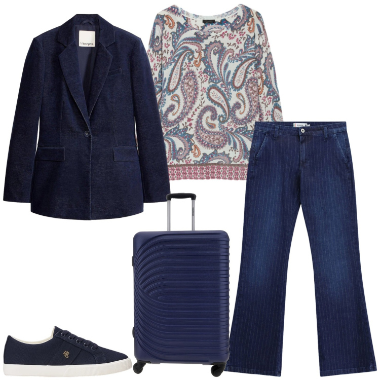 Outfit donna - Total look #2485464. Stile Casual per Tutti i giorni. Abbinamento con blazer, jeans a zampa, maglieria, sneakers, valigie.