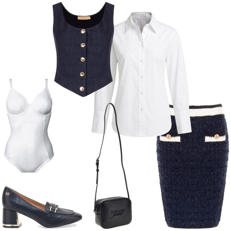 Outfit donna - Total look #2485466. Stile Bon Ton per Ufficio. Abbinamento con body, gilet, gonne, camicie, décolleté, borse a tracolla.