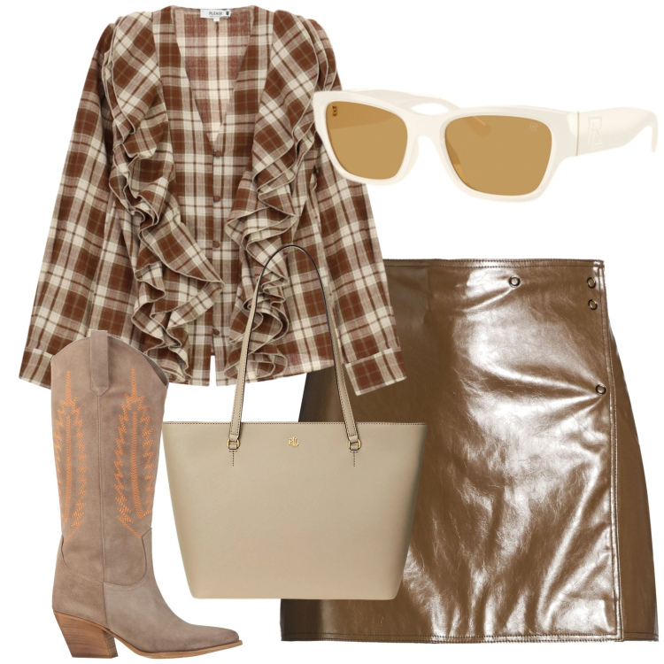 Outfit donna - Alla moda. Stile Casual chic per Ufficio. Abbinamento con stivali, minigonne, camicie, borse tote, occhiali da sole.