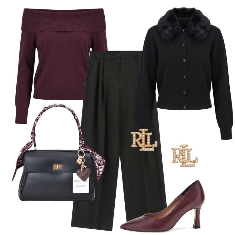 Outfit donna - Raffinata da mattina a sera. Stile Glamour per Tutti i giorni. Abbinamento con maglieria, borse a mano, cardigans, pantaloni a palazzo, orecchini, décolleté.