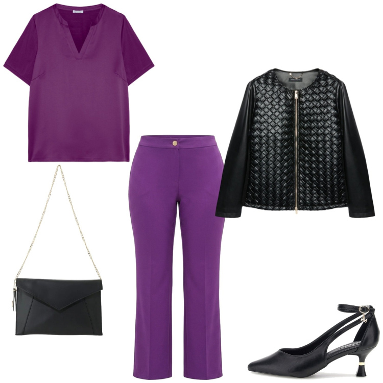 Outfit donna - Total look #2485471. Stile Chic per Serata fuori. Abbinamento con borse a tracolla, t-shirt, pantaloni, blazer, décolleté.