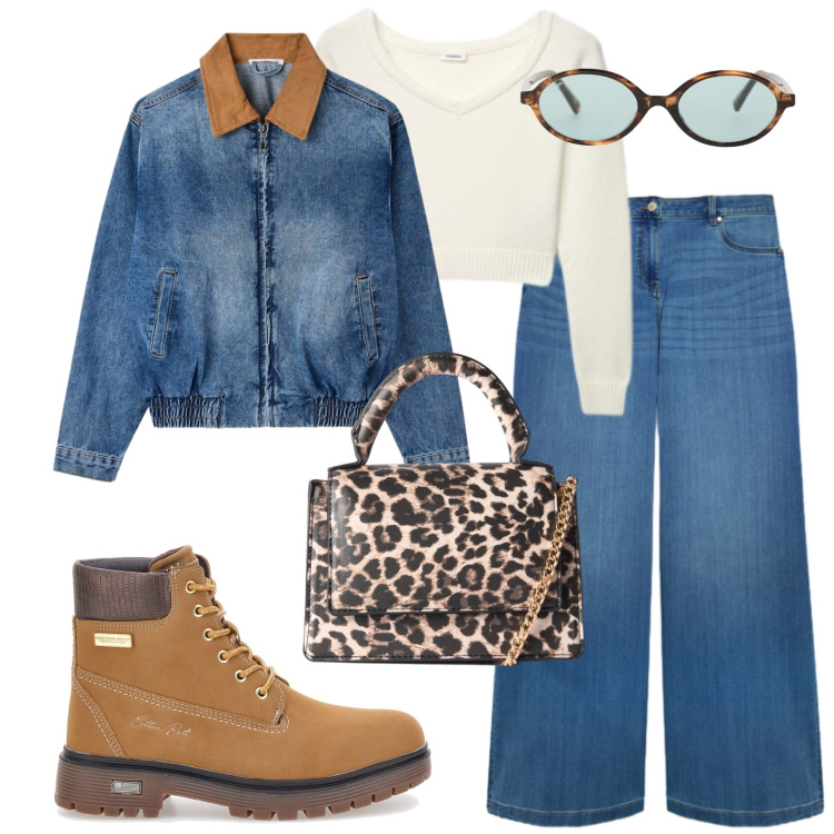 Outfit donna - Denim. Stile Casual per Tutti i giorni. Abbinamento con cappotti, borse a tracolla, maglieria, occhiali da sole, jeans, anfibi.