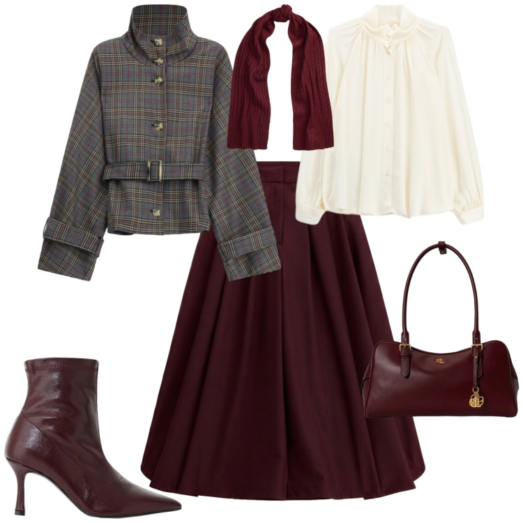 Outfit donna - Chic ufficio tempo libero evento. Stile Chic per Ufficio. Abbinamento con pantaloni culotte, cappotti, camicie, stivaletti, borse a mano, sciarpe.