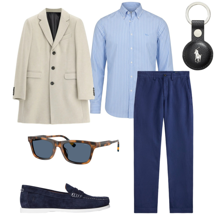 Outfit uomo - Total look #2485485. Stile Business/Elegante per Ufficio. Abbinamento con camicie, cappotti, pantaloni, occhiali da sole, scarpe stringate, portachiavi.