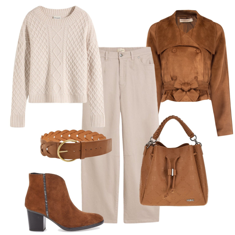 Outfit donna - Cognac e nude in città. Stile Urban per Tutti i giorni. Abbinamento con maglieria, pantaloni, cinture, giacche, stivaletti, borse a tracolla.