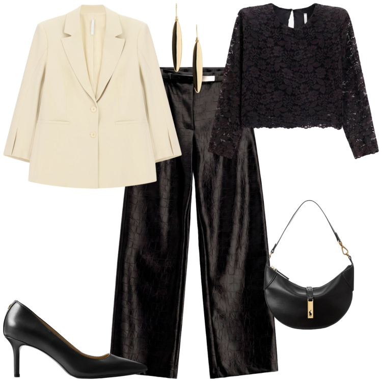 Outfit donna - Chic serata evento speciale. Stile Chic per Serata fuori. Abbinamento con blazer, top, pantaloni, borse a spalla, décolleté, orecchini.