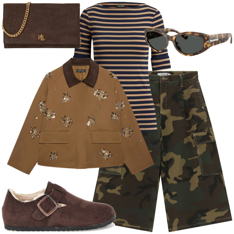 Outfit donna - Pantaloni army. Stile Military per Tutti i giorni. Abbinamento con bermuda, blazer, t-shirt, borse a tracolla, occhiali da sole, pantofole.