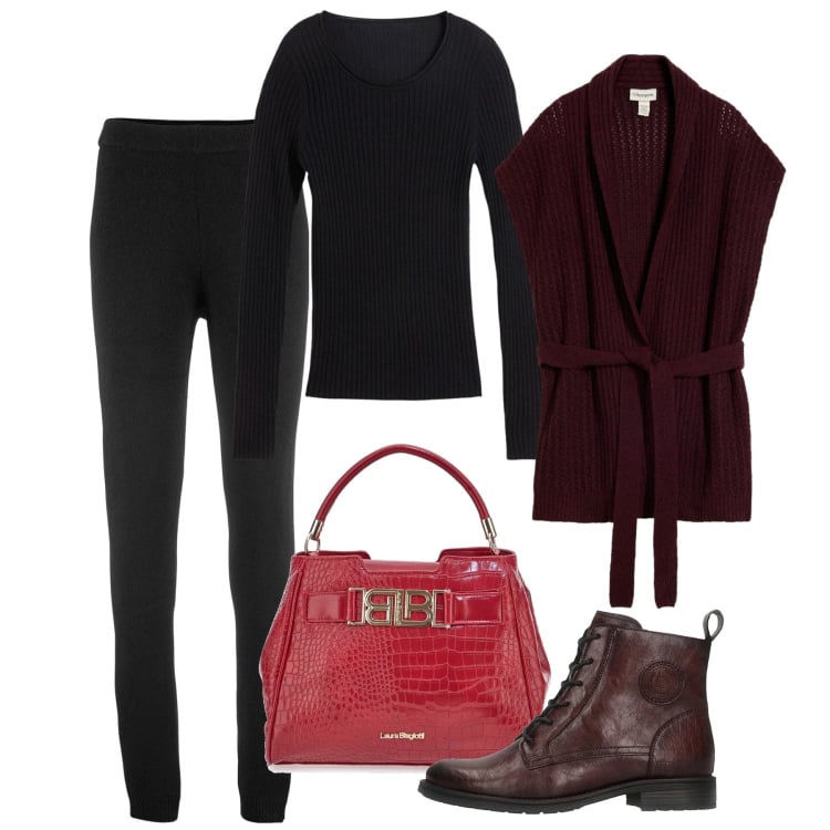 Outfit donna - Ottobre. Stile Chic per Tutti i giorni. Abbinamento con maglieria, anfibi, maglieria, leggings, borse a mano.