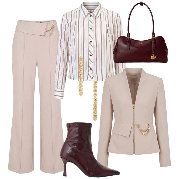 Outfit donna - Cerimonia in autunno. Stile Chic per Cerimonia. Abbinamento con camicie, pantaloni, blazer, stivaletti, borse a mano, orecchini.