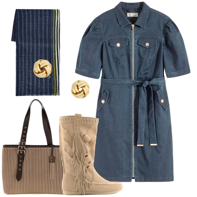 Outfit donna - Chemisier. Stile Casual per Tutti i giorni. Abbinamento con vestiti, sciarpe, orecchini, stivali, borse a spalla.