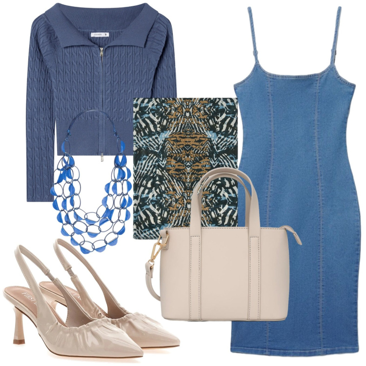 Outfit donna - Denim. Stile Casual per Tutti i giorni. Abbinamento con cardigans, vestiti midi/longuette, borse a tracolla, collane, foulard, décolleté.