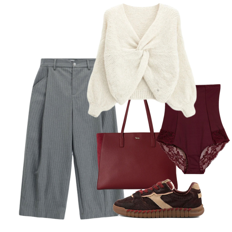 Outfit donna - Nodo. Stile Bon Ton per Tutti i giorni. Abbinamento con culotte, shopping bag, maglieria, pantaloni a palazzo, sneakers.