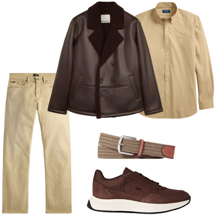 Outfit uomo - Giacca montone. Stile Casual per Tutti i giorni. Abbinamento con sneakers, cinture, camicie, jeans dritti, giacche.