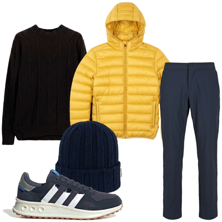 Outfit uomo - Piumino leggero. Stile Casual per Tutti i giorni. Abbinamento con maglieria, pantaloni, berretti, bomber, sneakers.