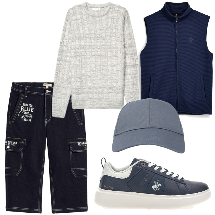 Outfit uomo - Pantaloni cargo. Stile Casual per Tutti i giorni. Abbinamento con maglieria, cappelli con visiera, sneakers, jeans, gilet.