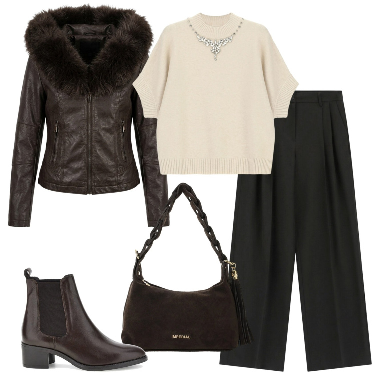 Outfit donna - Soft leather: gli opposti si attraggono. Stile Casual chic per Ufficio. Abbinamento con borse a spalla, pantaloni a palazzo, maglieria, giacche, stivaletti chelsea.