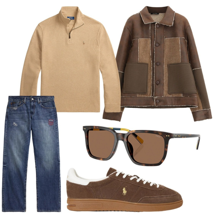 Outfit uomo - Primi freddi. Stile Trendy per Ufficio. Abbinamento con cappotti, occhiali da sole, pullovers, sneakers, jeans dritti.
